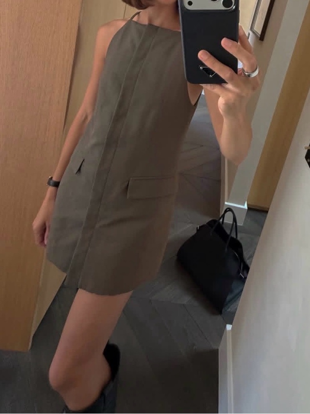St. Agni Olive Shift Mini Dress with Flap Pockets